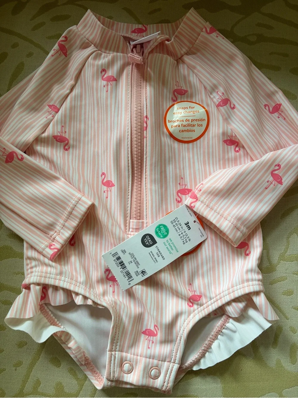 Carter's Pink Stripe Flamingo Long-Sleeve Rashguard Swimsuit One-Piece 3 Month